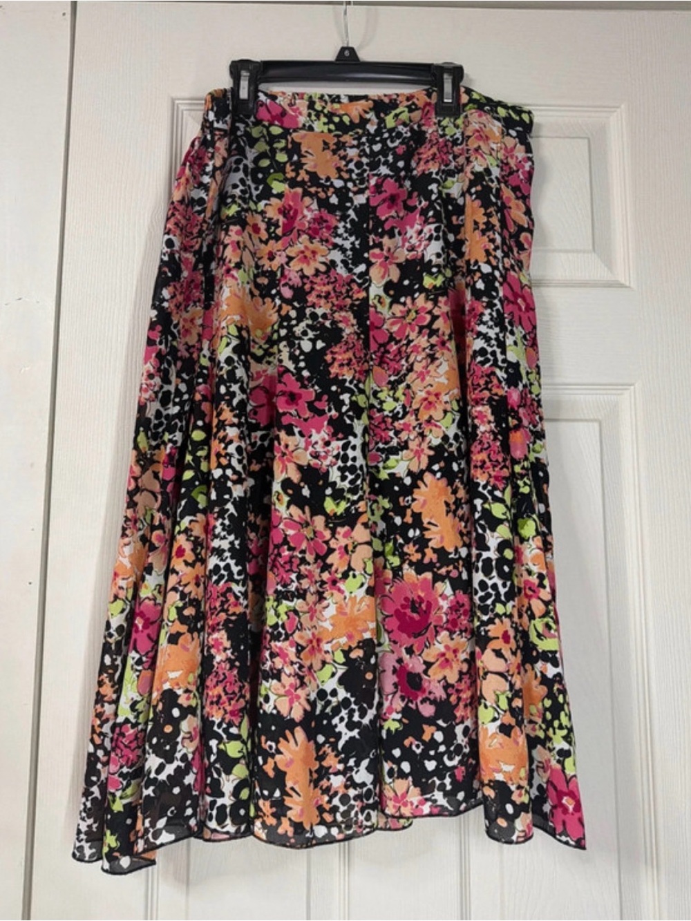 Floral A-Line Midi Skirt in Black with Pink & Orange Blossoms